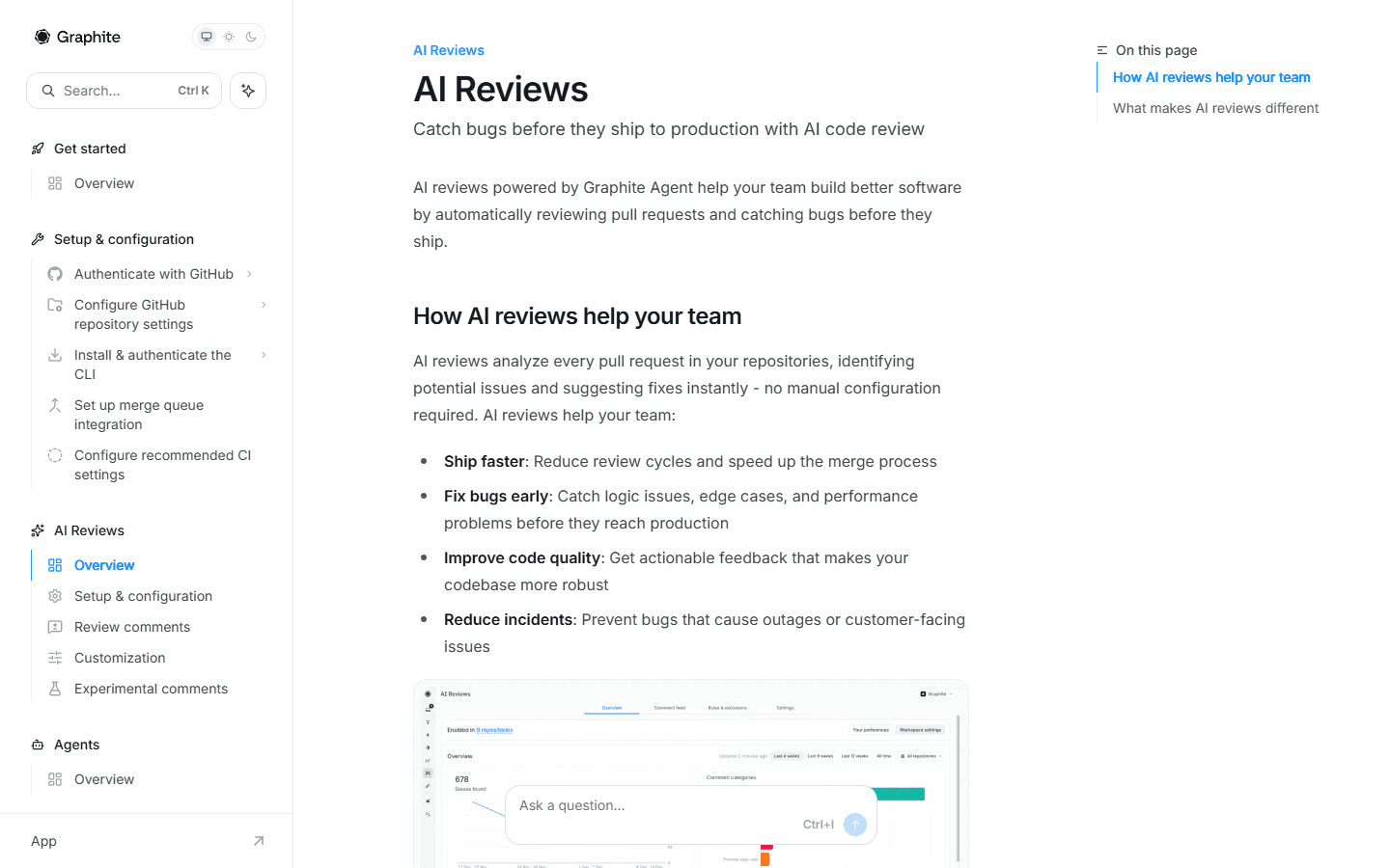 Graphite English AI Reviews documentation explaining Graphite Agent pull request analysis.