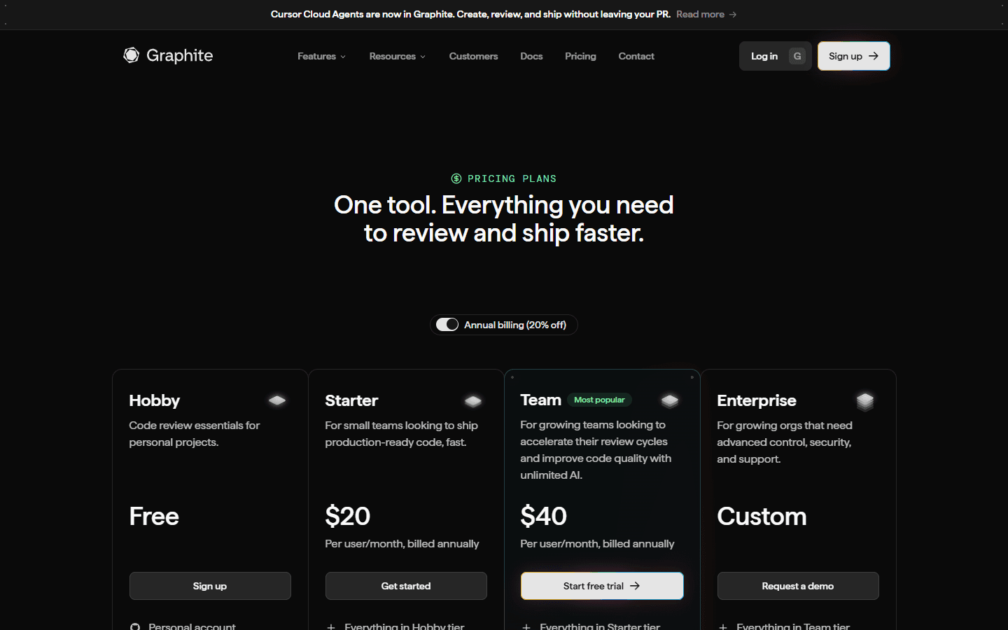 Graphite English pricing page showing Hobby, Starter, Team, and Enterprise plans.