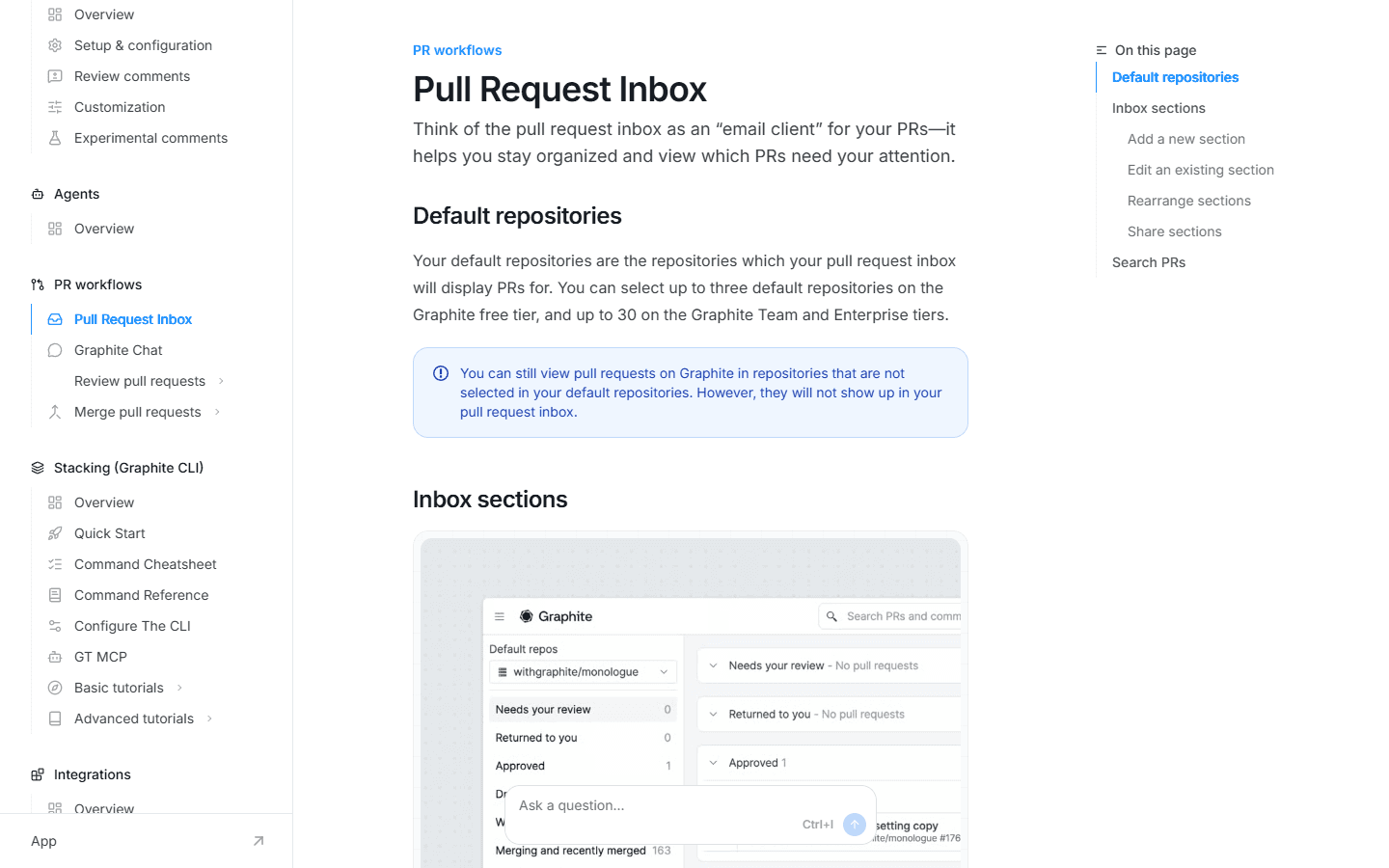 Graphite English documentation showing the Pull Request Inbox workflow.