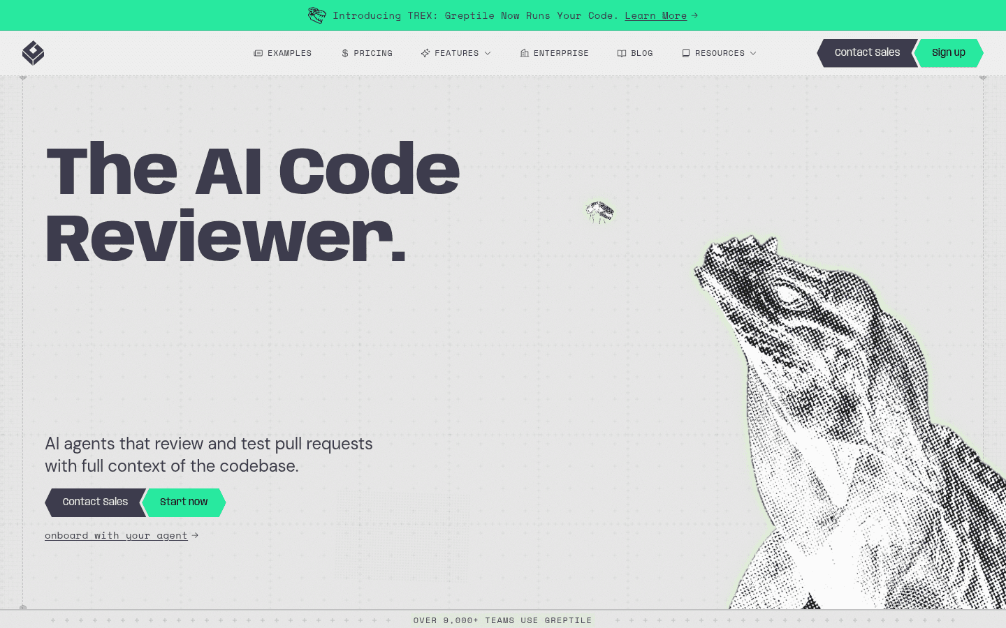 Greptile English product page describing an AI code reviewer with full codebase context.