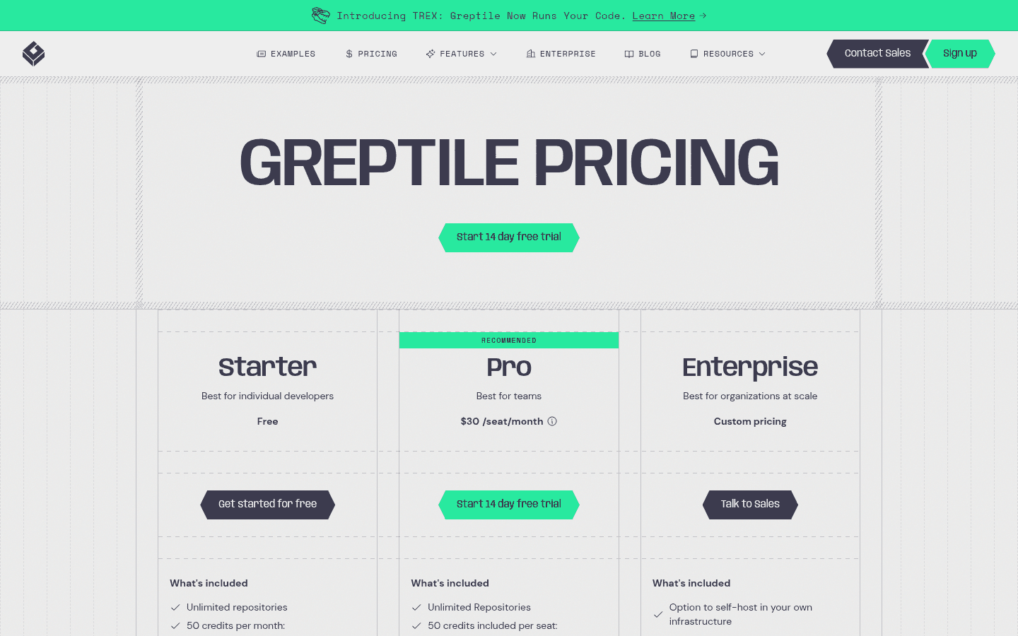 Greptile English pricing page showing Starter, Pro, and Enterprise plans.