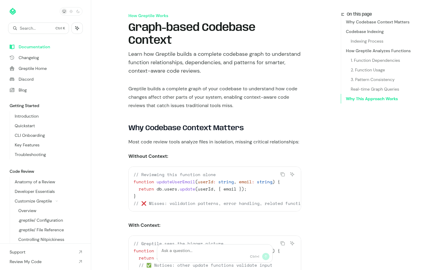 Greptile English documentation explaining graph-based codebase context.