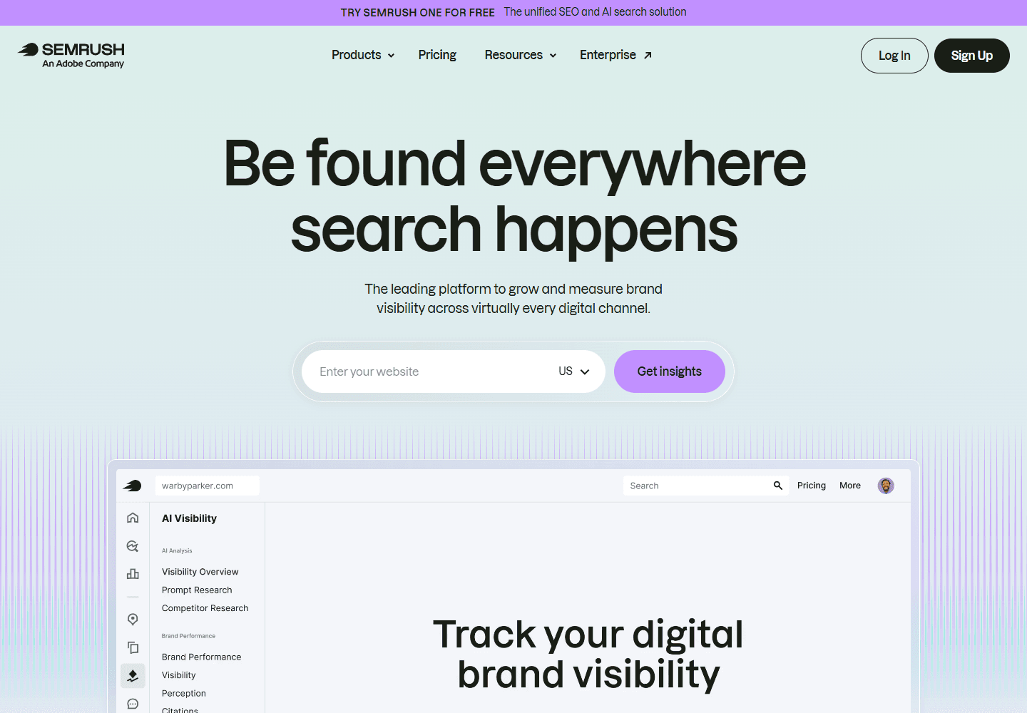 Semrush official homepage showing brand visibility positioning.