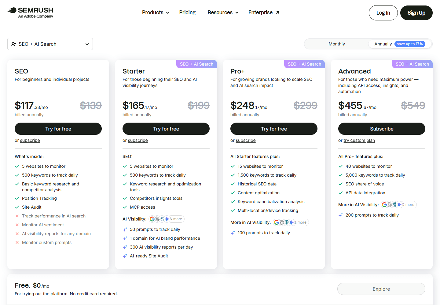 Semrush official pricing page showing SEO and AI Search plan cards.