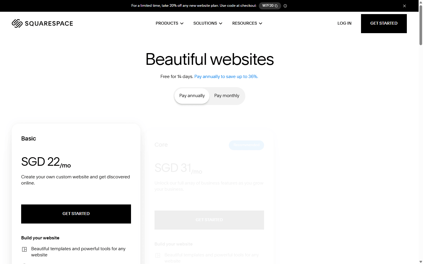 Squarespace English pricing page showing its free trial and website plan options.