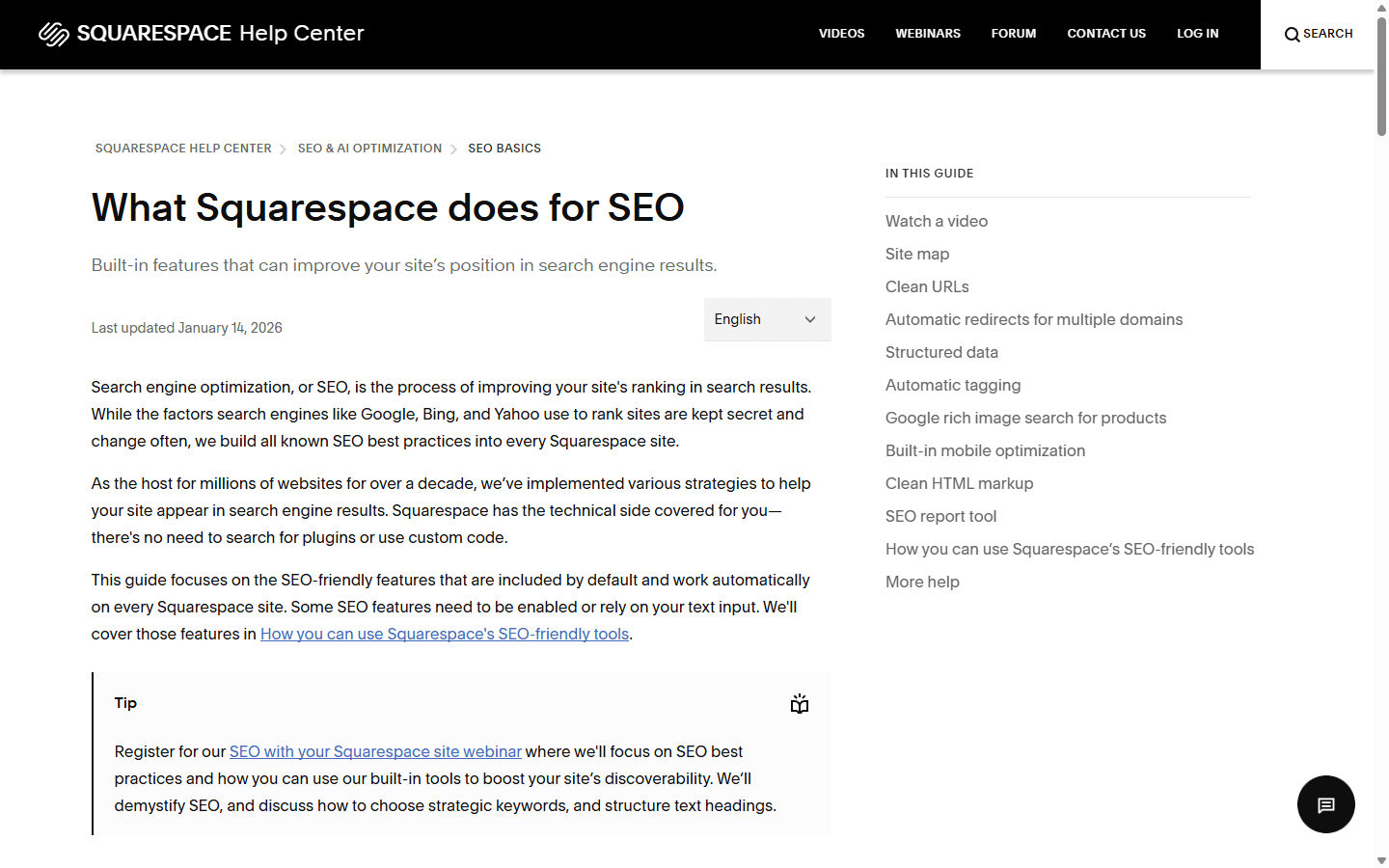 Squarespace English SEO guide listing built-in site maps, clean URLs, structured data, and mobile optimization.