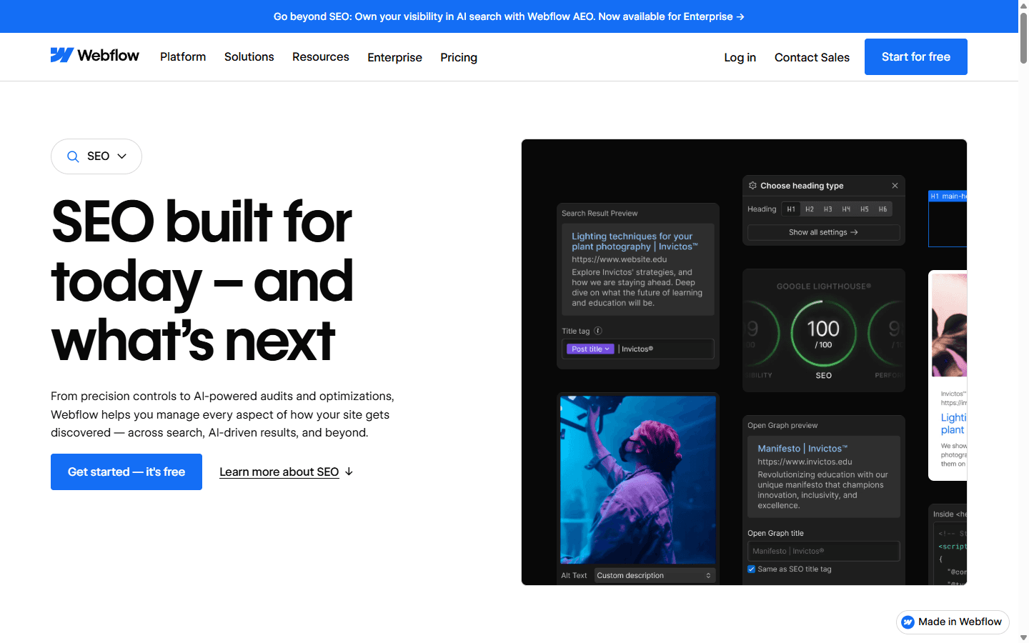 Webflow English SEO page showing title controls, heading structure, Open Graph settings, and search previews.