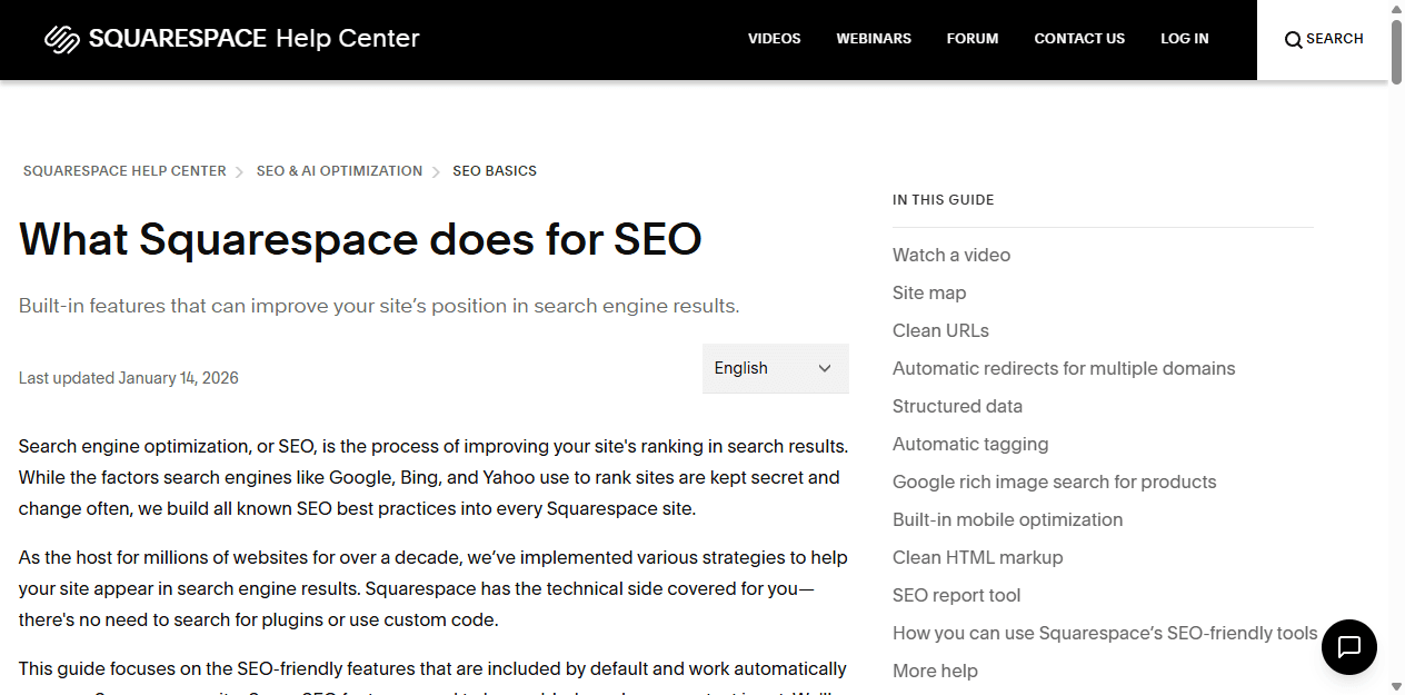 Squarespace English SEO guide listing site maps, clean URLs, structured data, mobile optimization, and SEO reporting.
