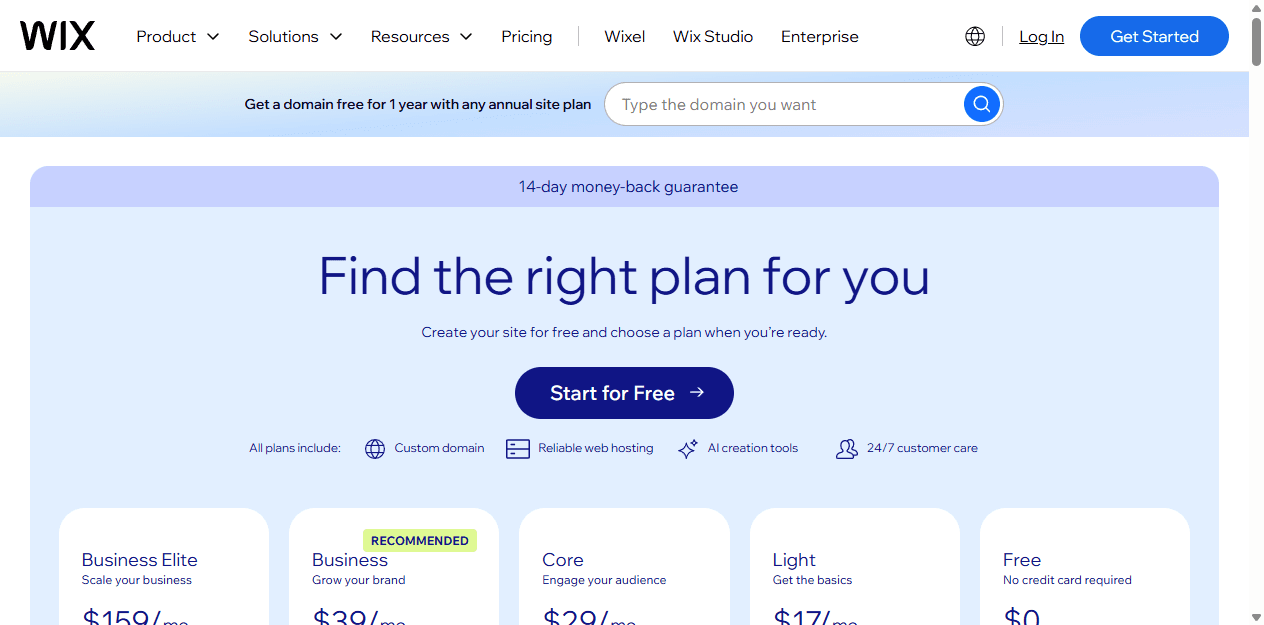 Wix English pricing page showing Free, Light, Core, Business, and Business Elite plans.