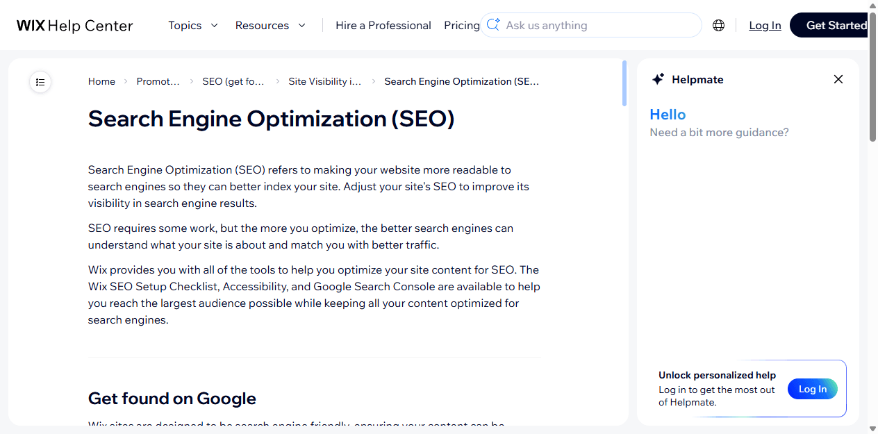 Wix English SEO help page describing its SEO Setup Checklist, accessibility tools, structured data, and Google Search Console connection.