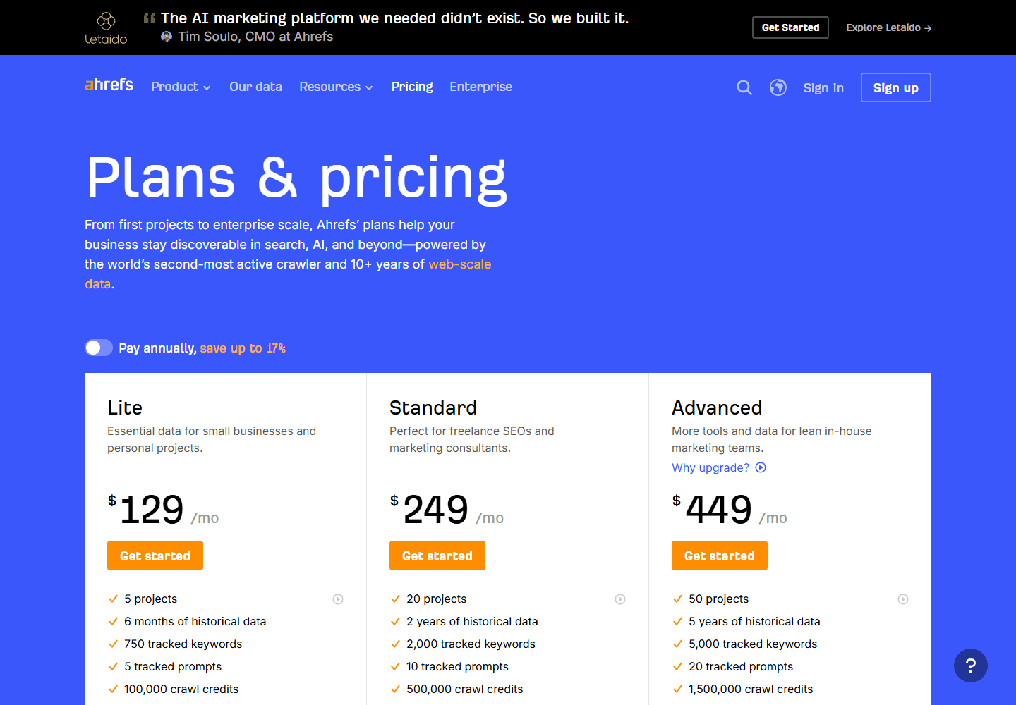 Ahrefs pricing page showing Lite, Standard, and Advanced plans.