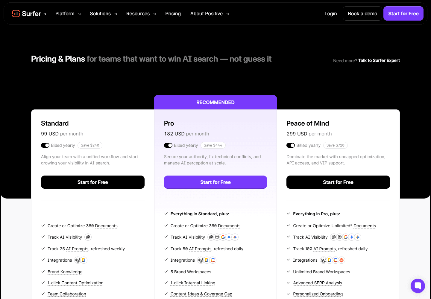 Surfer pricing page showing Standard, Pro, and Peace of Mind plans.