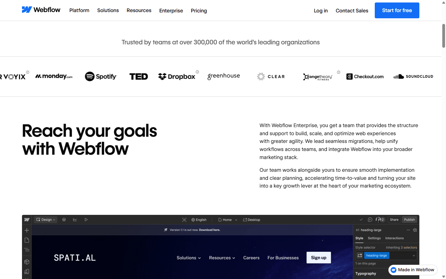 Webflow Enterprise page in English explaining implementation, planning, and growth support.