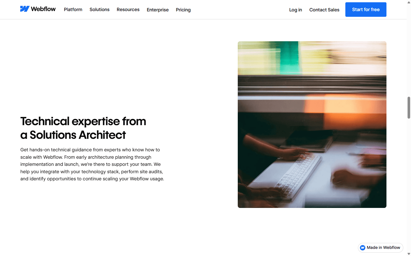 Webflow Enterprise page in English describing technical guidance from a Solutions Architect.