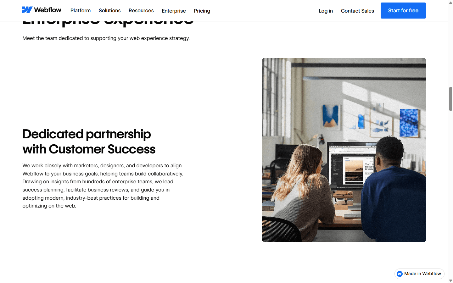 Webflow Enterprise page in English describing a dedicated Customer Success partnership.