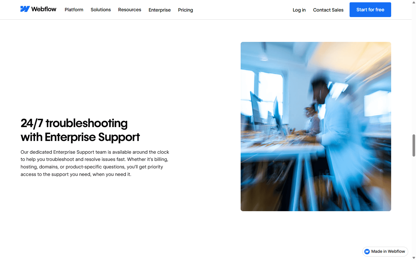 Webflow Enterprise page in English describing around-the-clock Enterprise support.