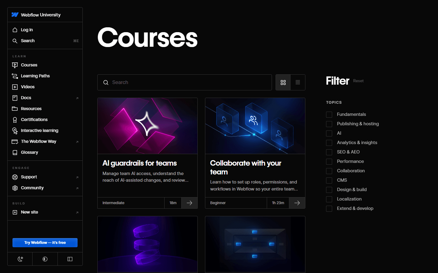 Webflow University courses catalog in English with searchable course cards and topic filters.
