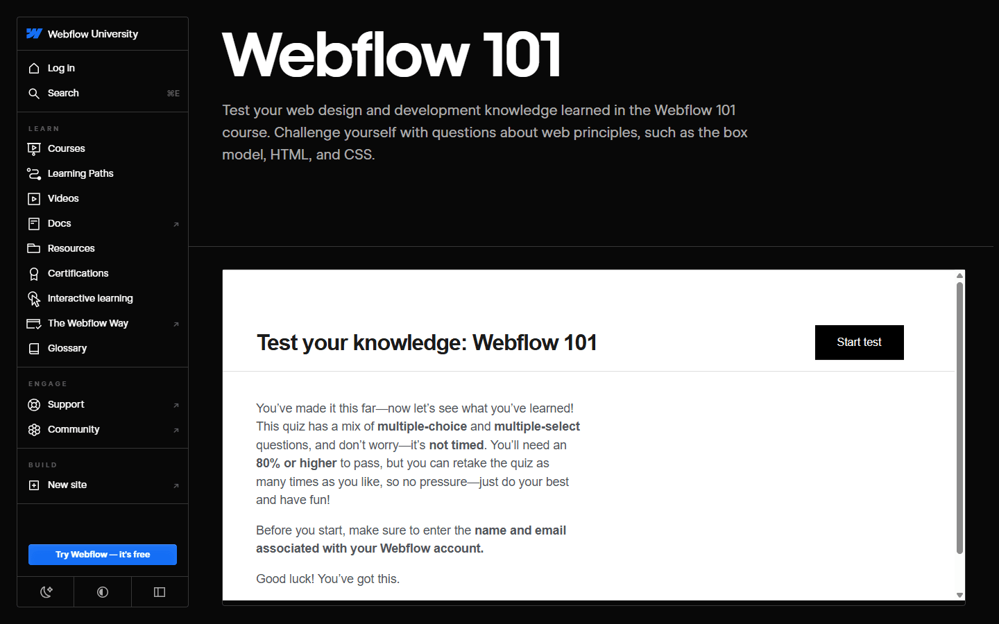 Webflow University Webflow 101 assessment page in English covering the box model, HTML, and CSS.