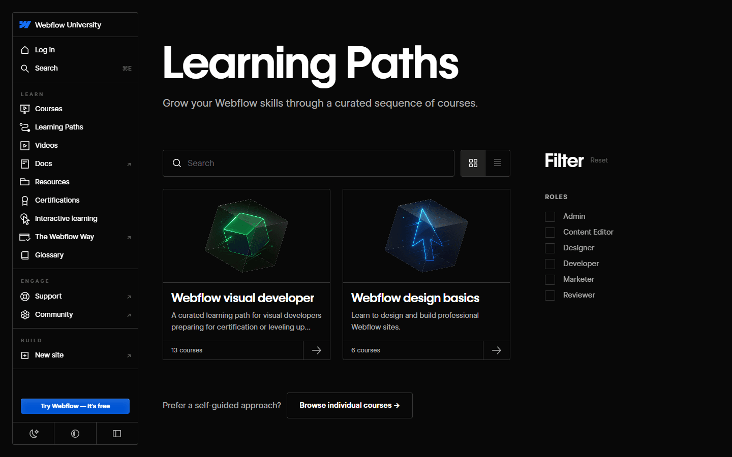 Webflow University learning paths in English for visual developers and web design basics.