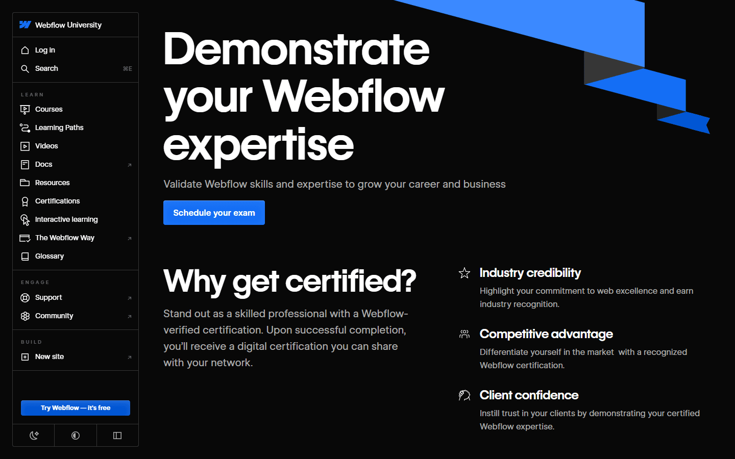 Webflow University certifications page in English describing expertise, industry credibility, and certification options.