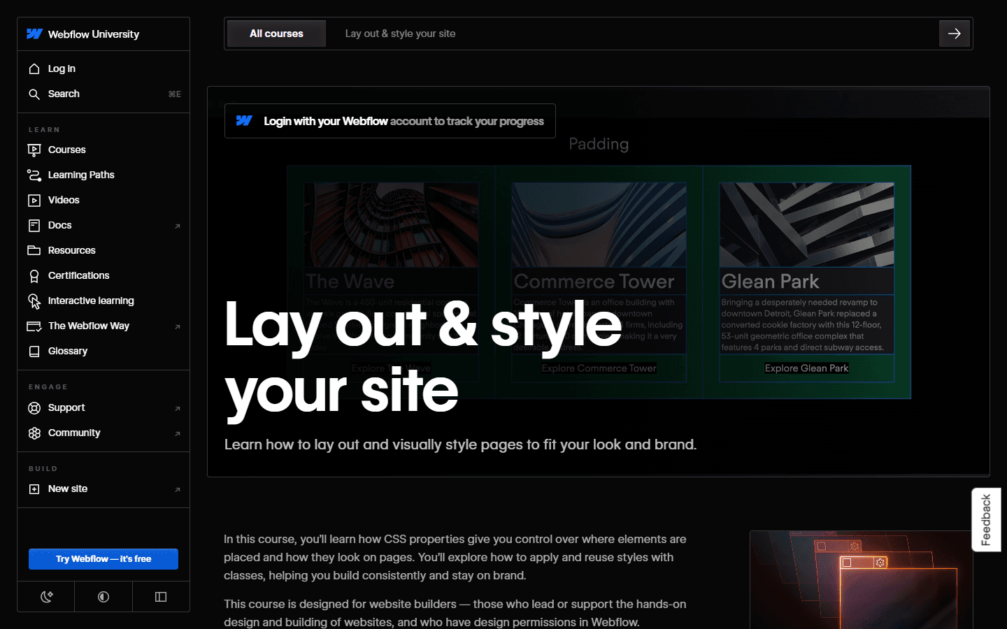 Webflow University layout and styling course in English with lessons on classes, the box model, and CSS layout.