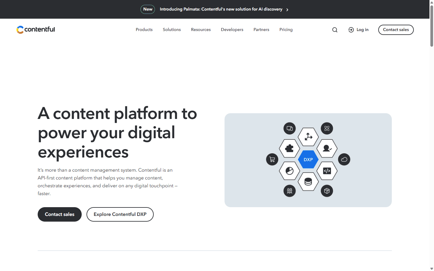 Contentful official content platform page in English describing an API-first platform for digital experiences.