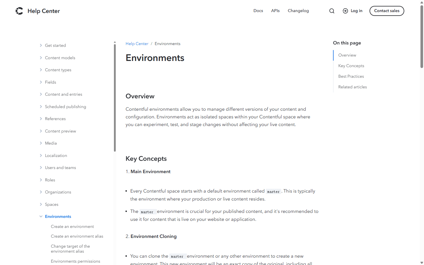 Contentful Help Center page in English explaining isolated environments for content and configuration.
