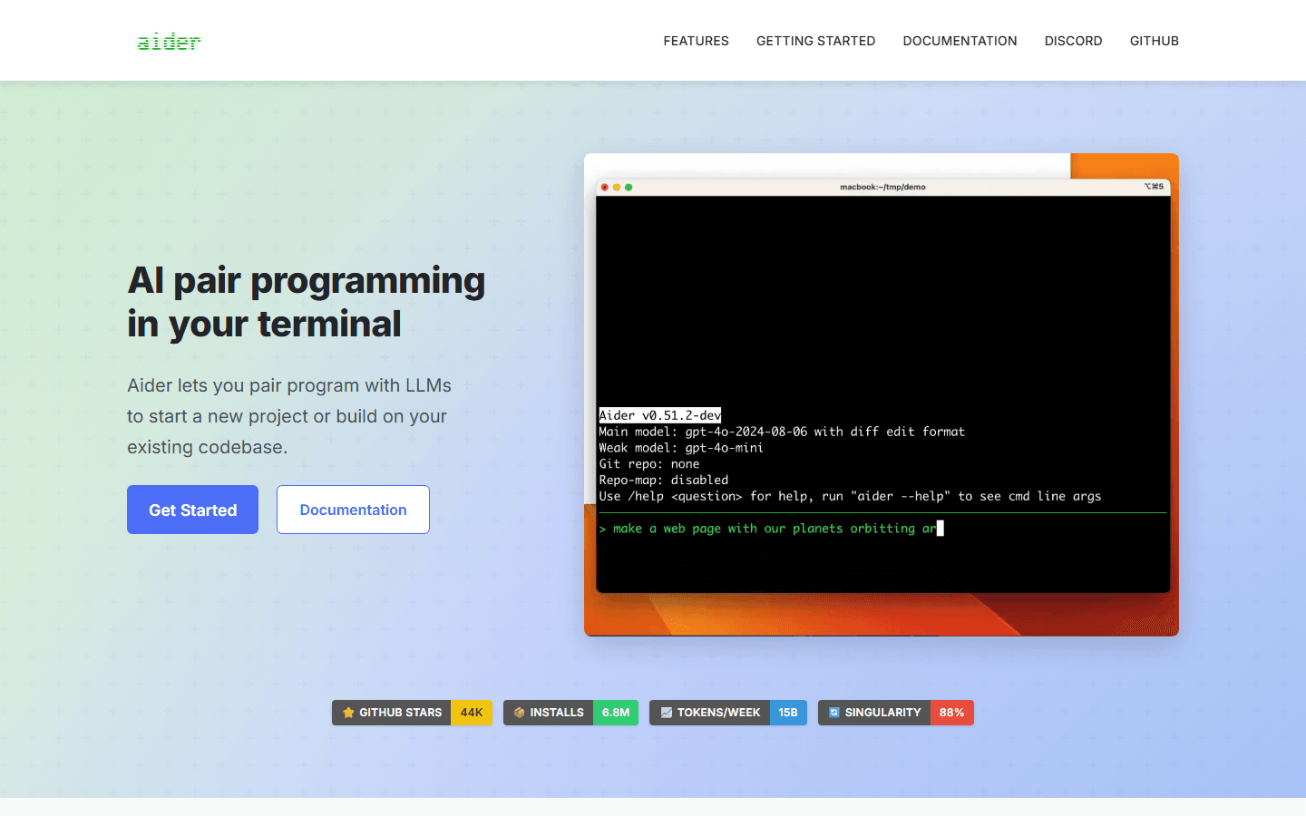 Aider official homepage showing AI pair programming in the terminal.