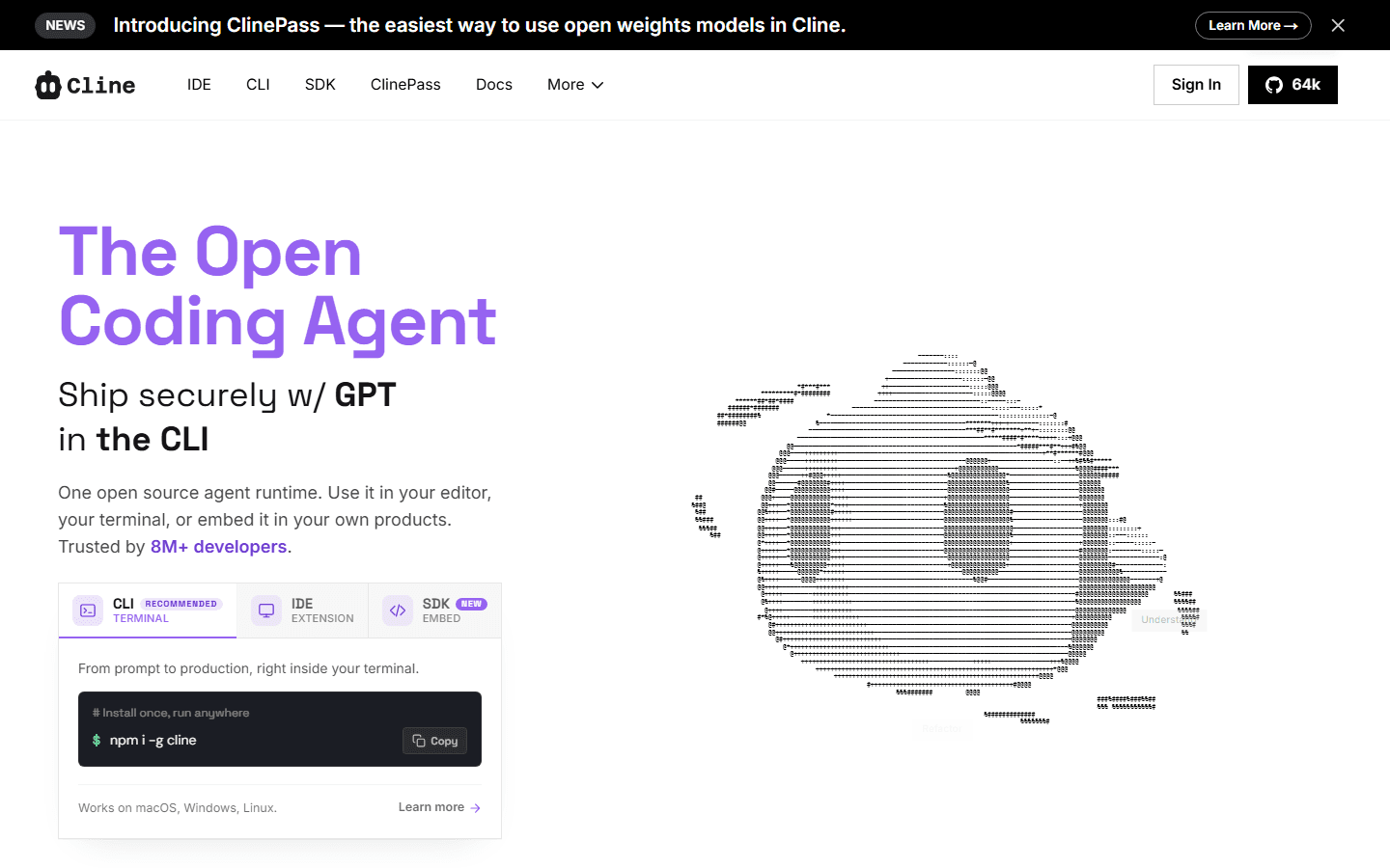 Cline official homepage showing the open coding agent and CLI install panel.