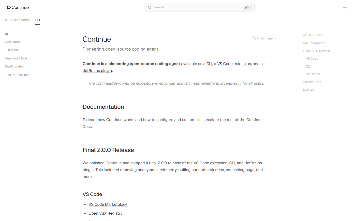 Continue official docs showing the repository is no longer actively maintained and is read-only.