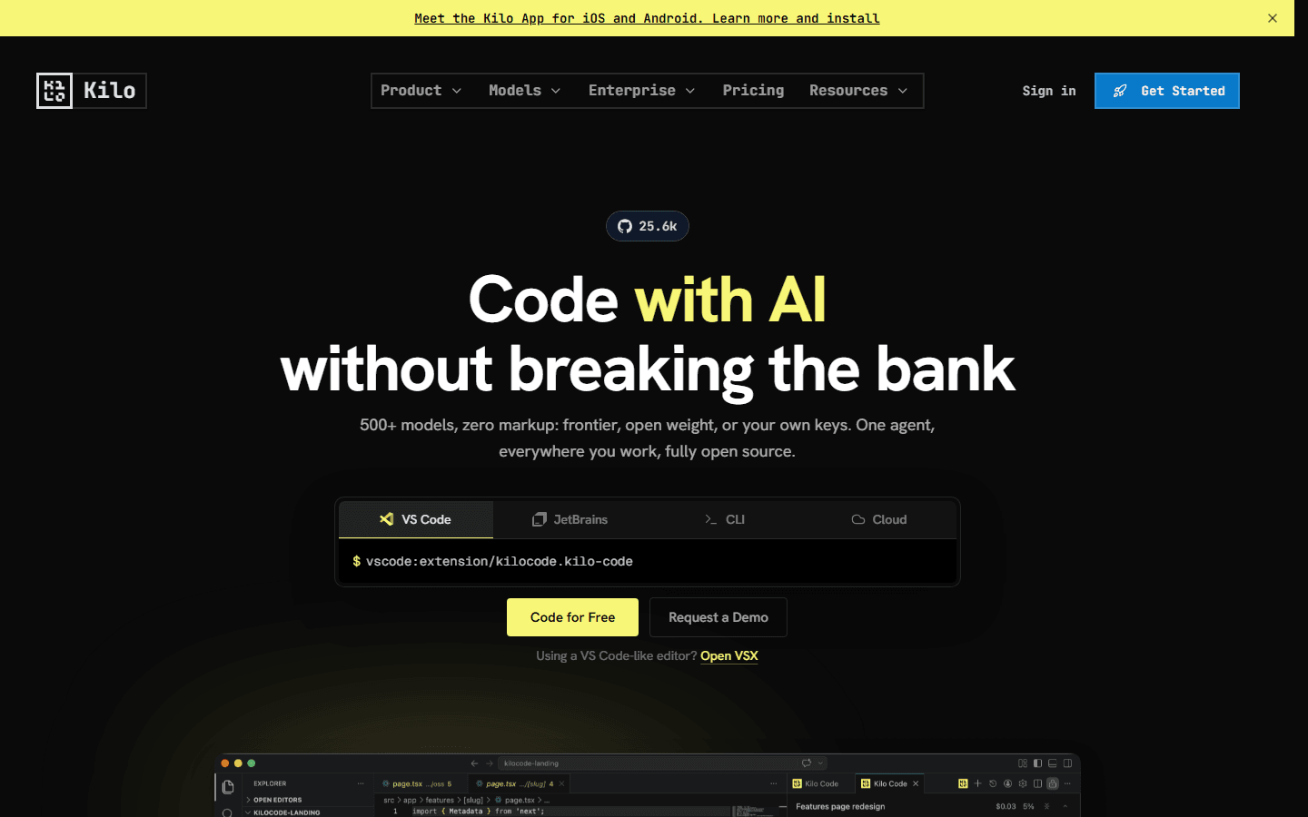 Kilo official homepage showing open source AI coding with own keys and model choices.