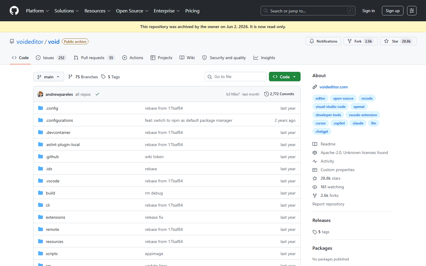 Void editor GitHub repository showing that the repository is archived.