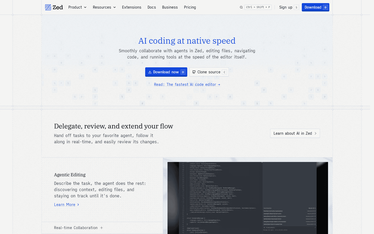Zed AI official page showing AI coding at native speed and agentic editing.