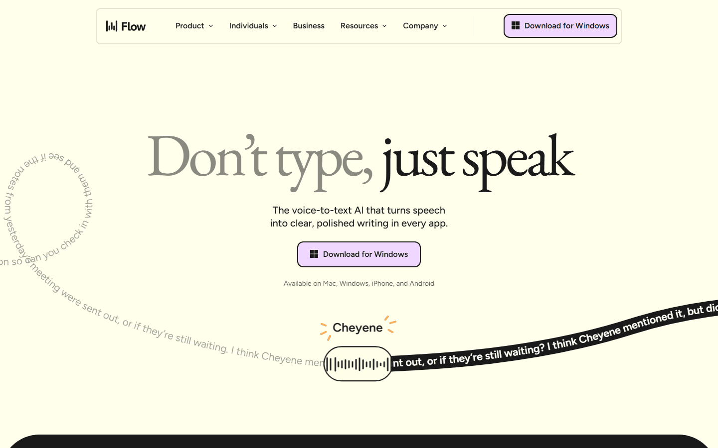 Wispr Flow official English homepage presenting polished voice-to-text across Mac, Windows, iPhone, and Android.