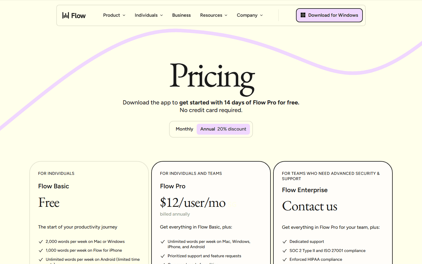 Wispr Flow official English pricing page showing Basic, Pro, and Enterprise plans.