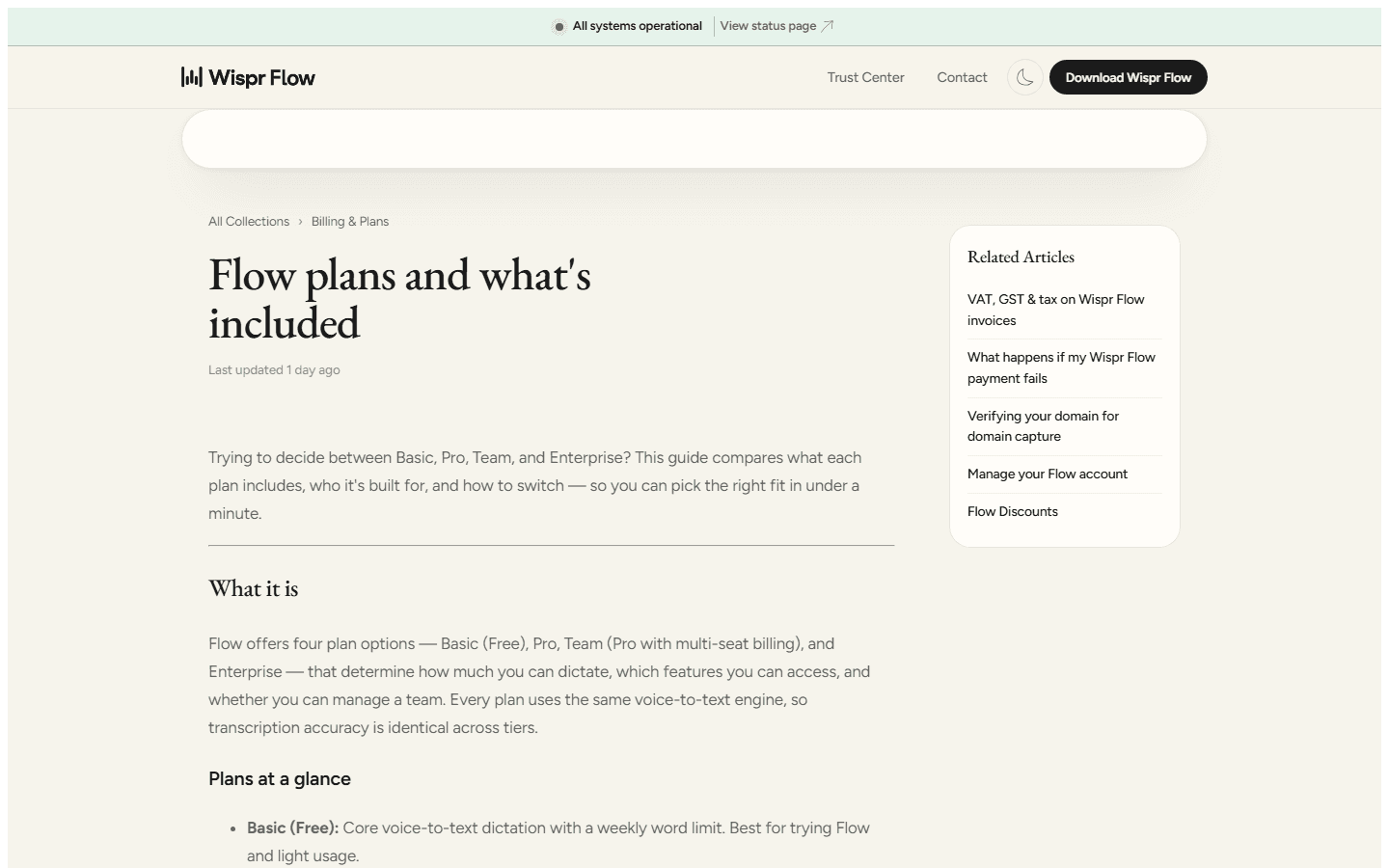 Wispr Flow official English plan documentation explaining Basic and Pro usage.