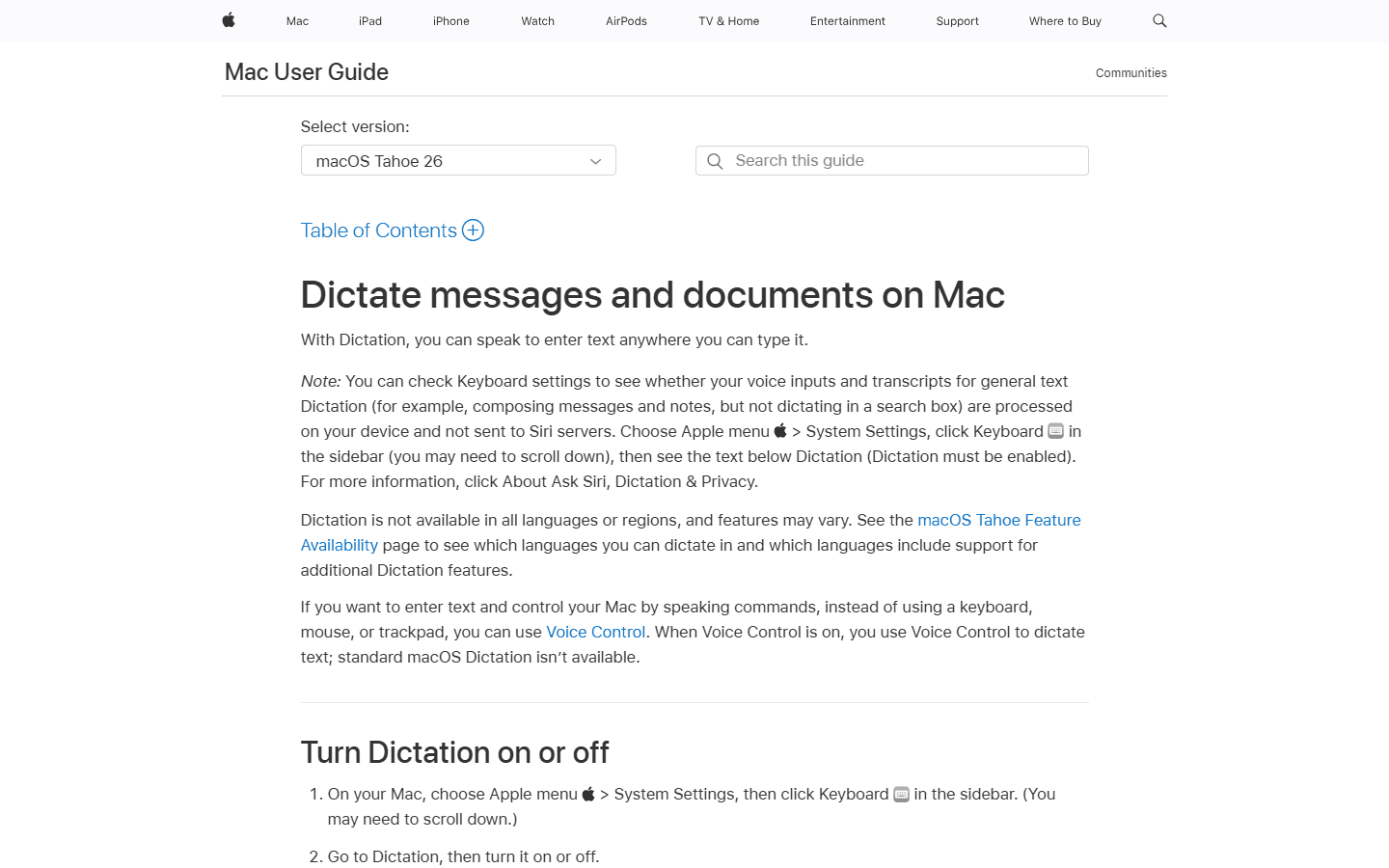 Apple official English Mac User Guide explaining how to dictate messages and documents on Mac.