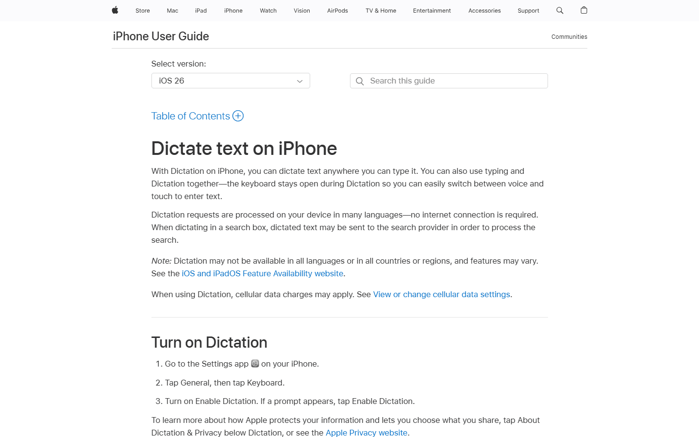 Apple official English iPhone User Guide explaining on-device Dictation and keyboard use.