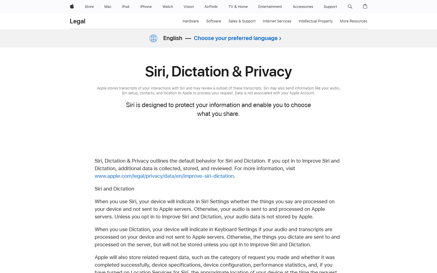 Apple official English Siri, Dictation and Privacy page explaining device and server processing choices.