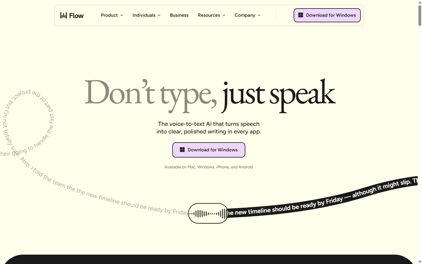 Wispr Flow official English homepage presenting voice to text across Mac, Windows, iPhone, and Android.