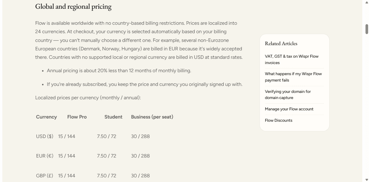 Wispr Flow official English plan page showing localized Pro, student, and business pricing.