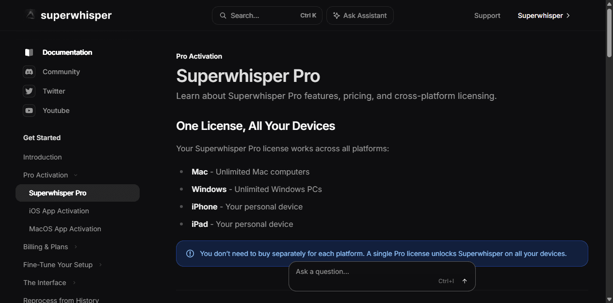 Superwhisper official English Pro page showing one license across Mac, Windows, iPhone, and iPad.