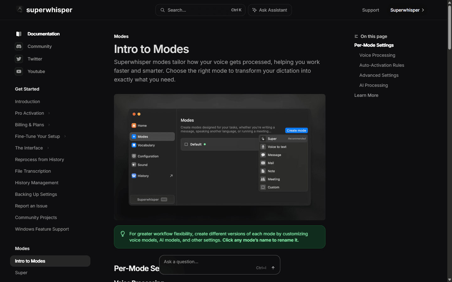 Superwhisper official English Modes documentation showing built-in and custom voice processing modes.