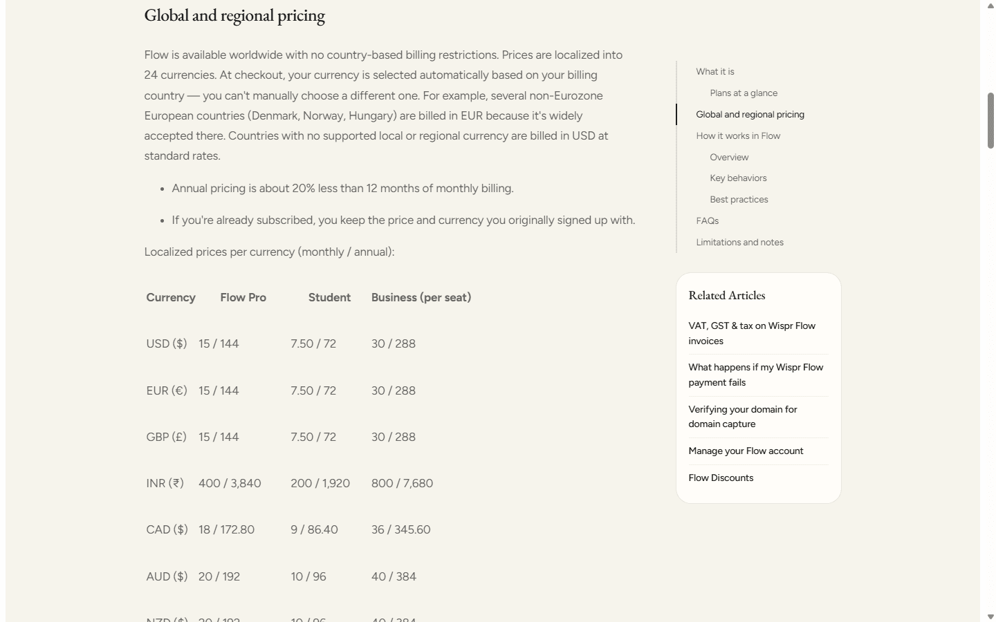 Wispr Flow official English plan page showing global Pro, student, and business pricing.