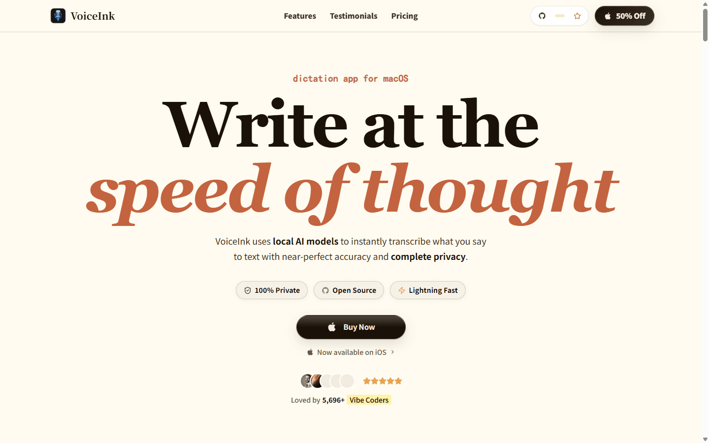 VoiceInk official English homepage presenting its private open-source dictation app for macOS.