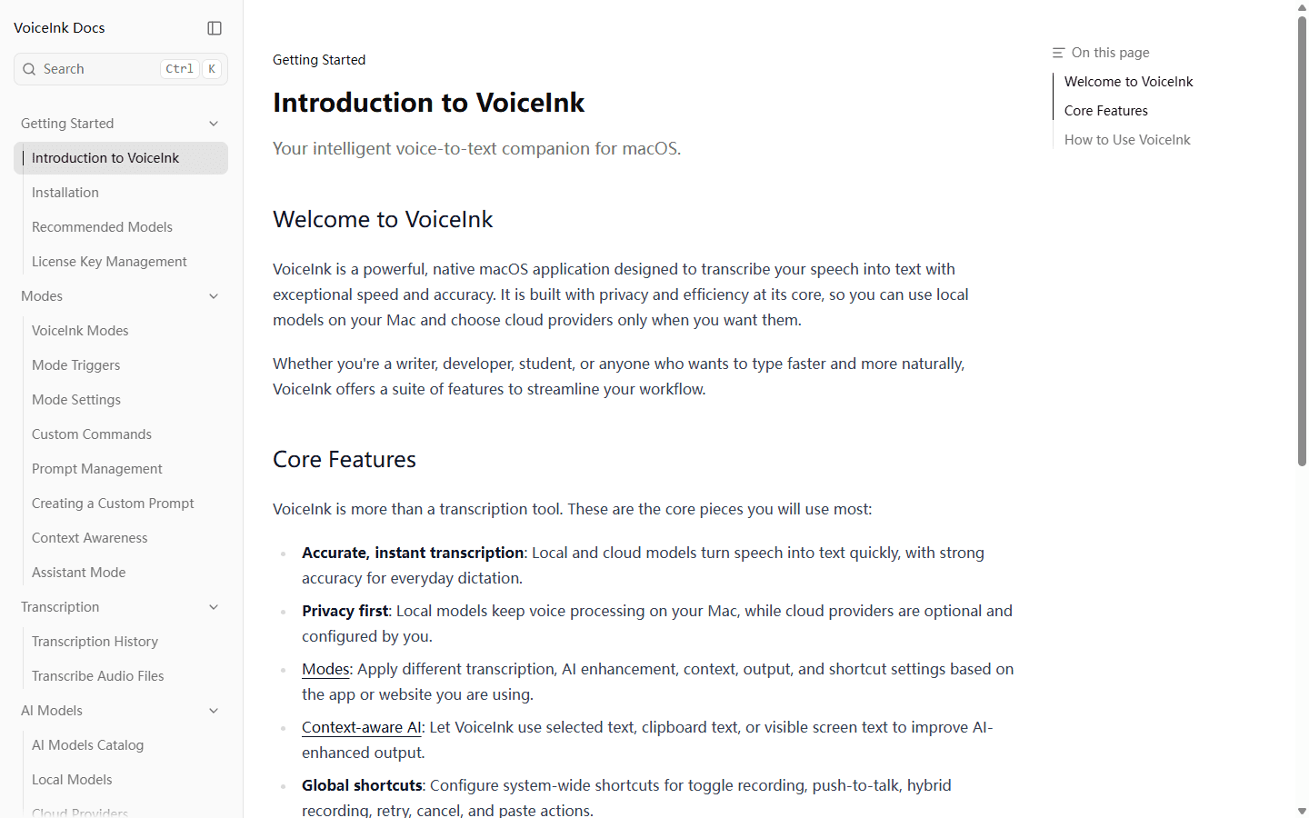 VoiceInk official English documentation explaining local models, modes, context, shortcuts, and AI enhancement.