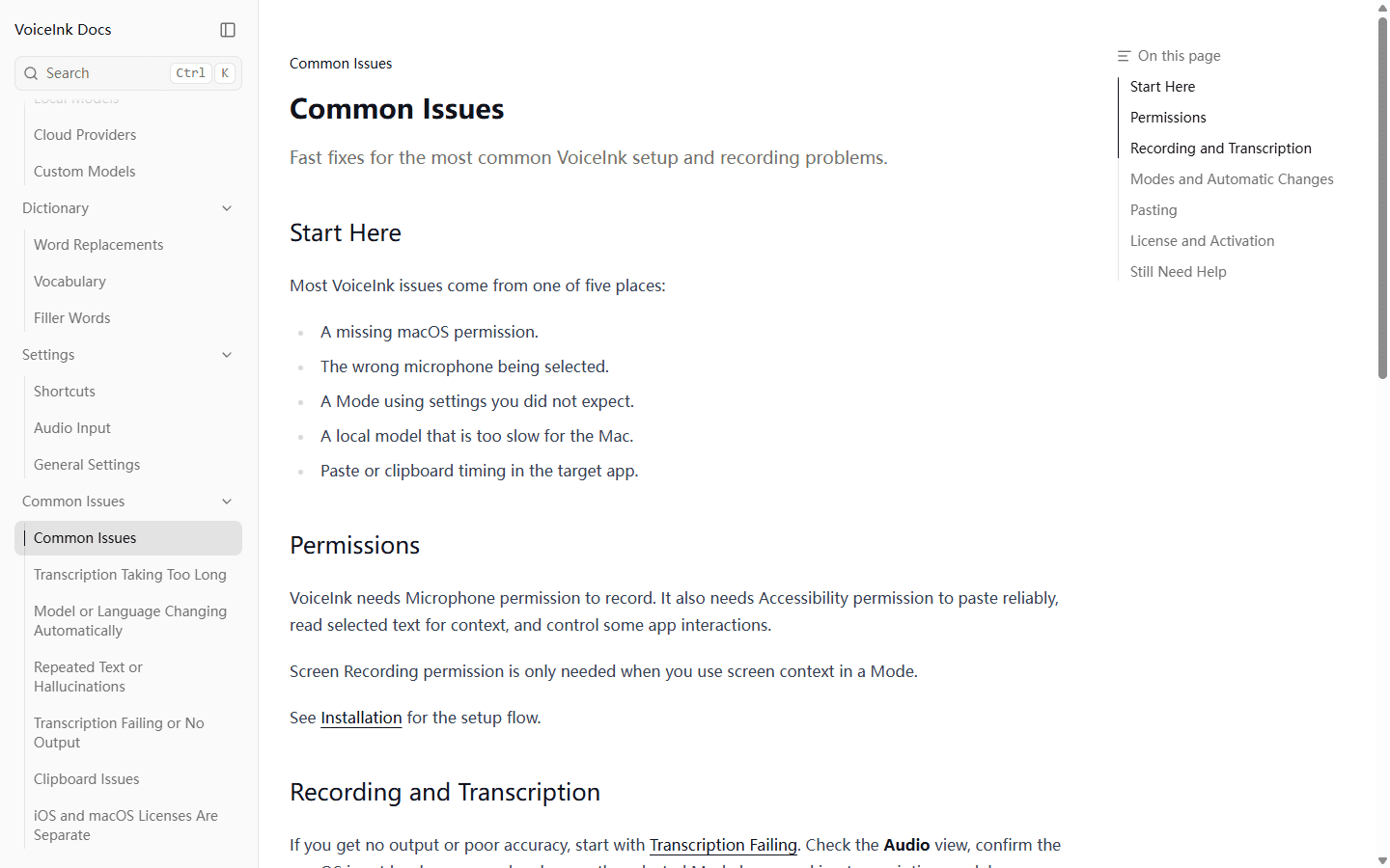 VoiceInk official English common issues page listing permissions, microphones, slow local models, modes, and paste timing.