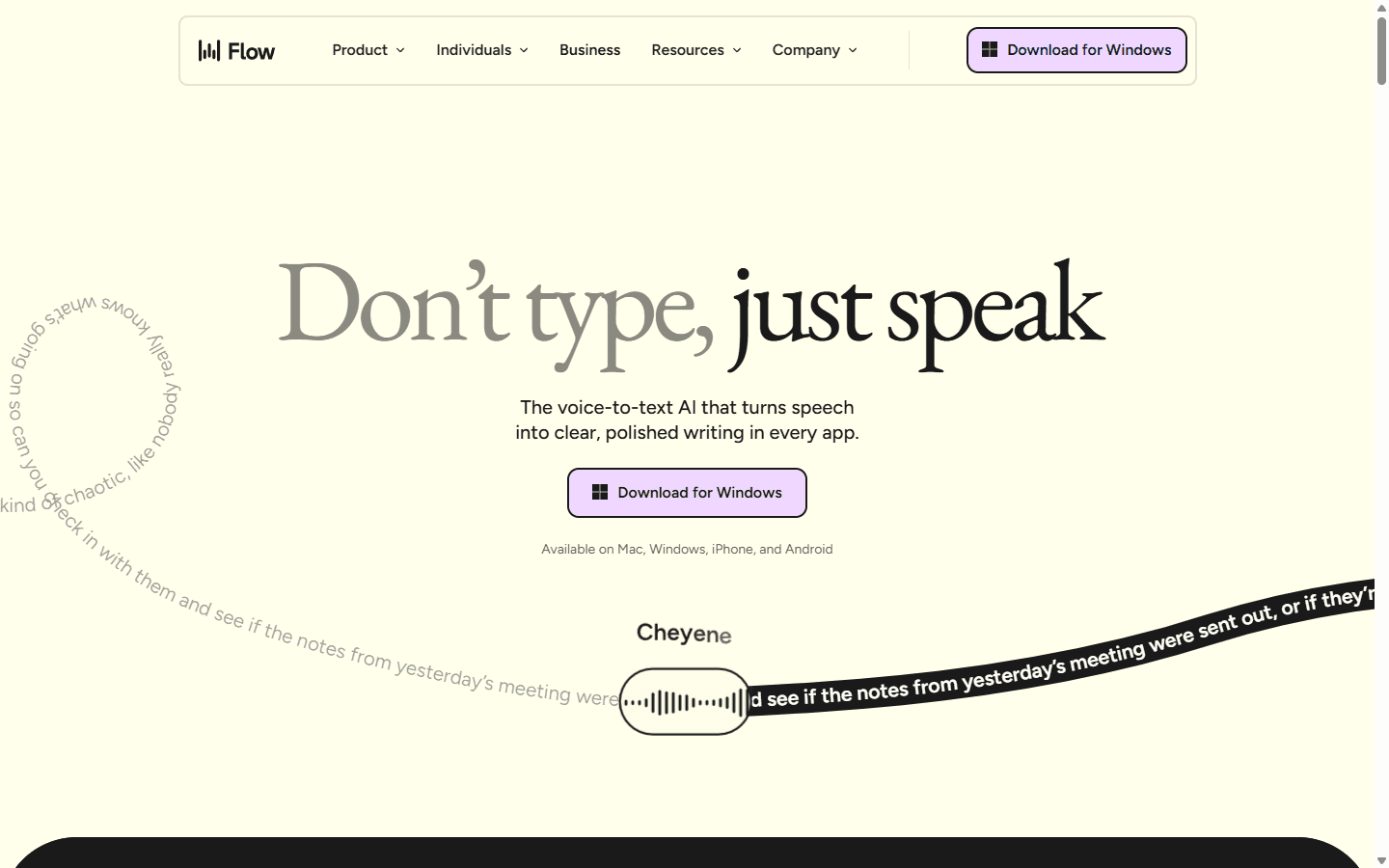 Wispr Flow official English homepage showing voice dictation across Mac, Windows, iPhone, and Android.
