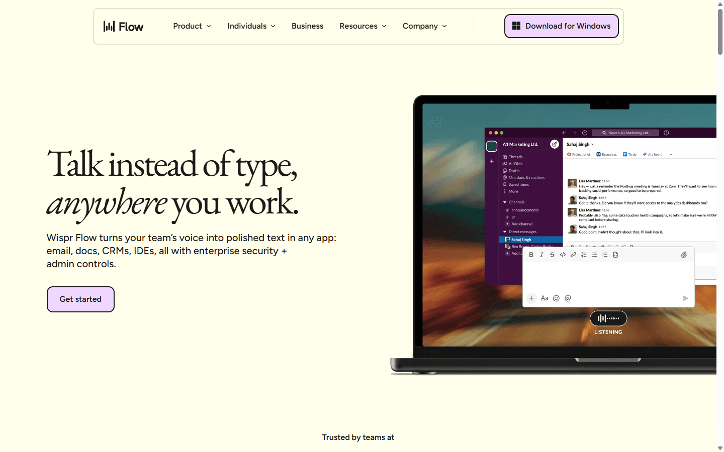 Wispr Flow official English business page showing voice dictation in workplace apps and managed team controls.