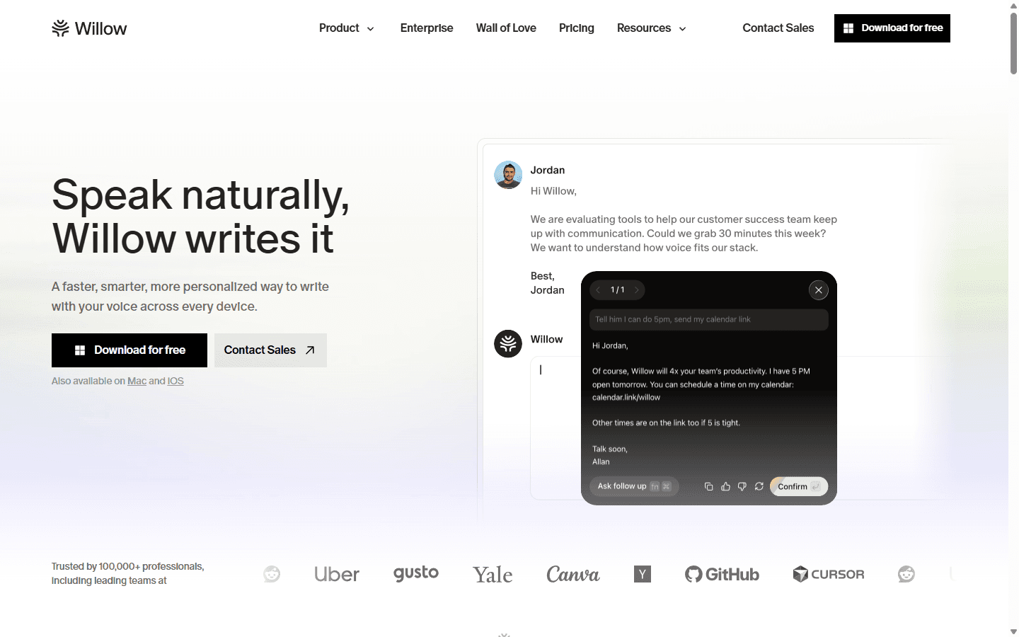 Willow official English homepage showing Scribe turning a rough spoken instruction into a finished email.